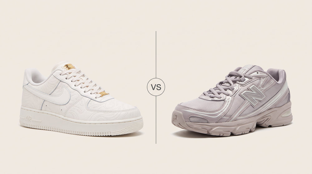 Nike Air Force 1 and New Balance women's sneakers compared side by side