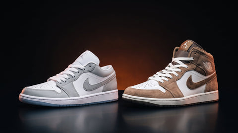 Air Jordan 1 Low and Air Jordan 1 Mid sneakers compared side by side